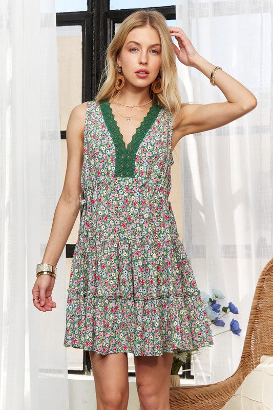Fashion Sava | ADORA V-Neck Mini Dress | Lace Detail - Dark Green