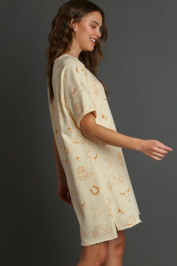 Fashion Sava | Umgee Terry Dress | Short Sleeve Round Neck - NATURAL