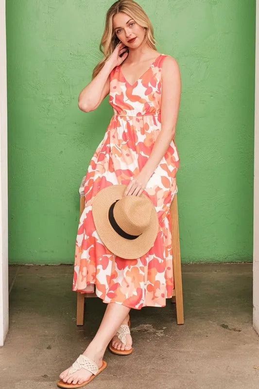 Fashion Sava | Sleeveless Floral Dress | V-Neck Midi Style