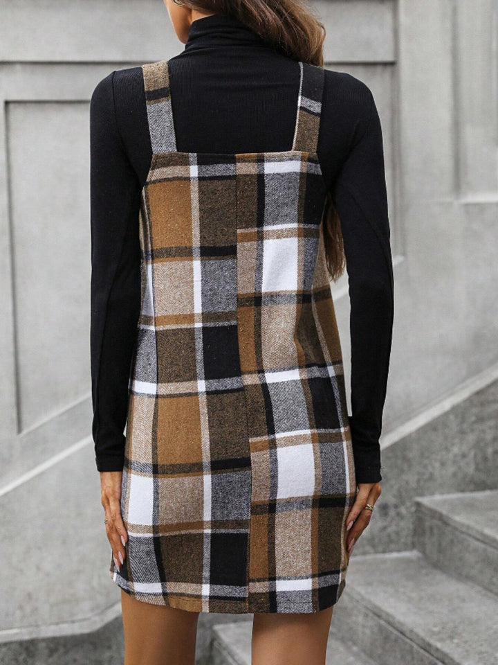 Fashion Sava | Plaid V-Neck Tank Dress | Wide Strap Design - Black
