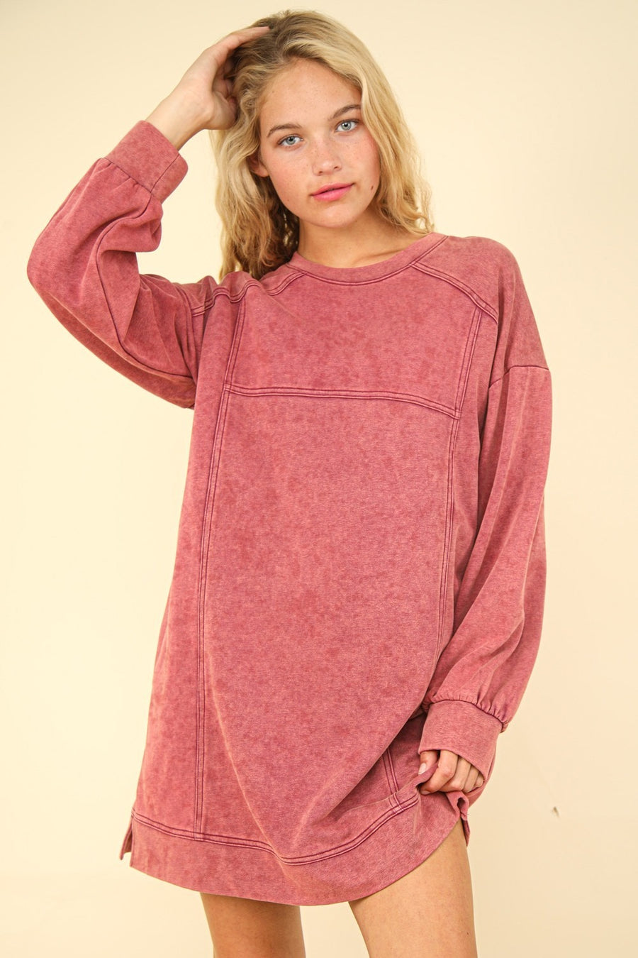 Fashion Sava | Oversized Sweatshirt Mini Dress | Mineral Washed Look - Magenta