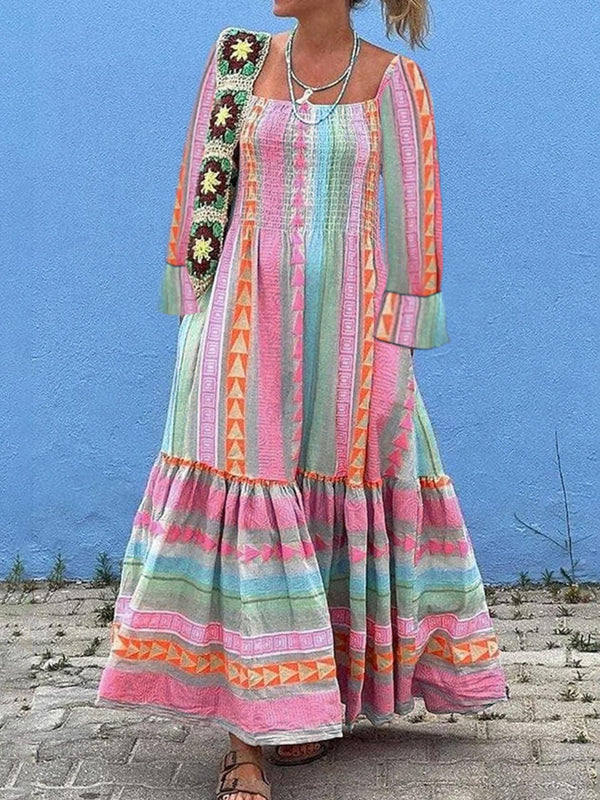 Fashion Sava | Ruffled Striped Dress | Elegant Long Sleeve Style - Blush Pink
