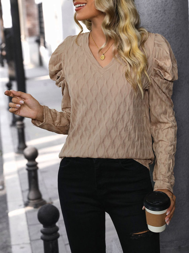 Fashion Sava | V-Neck Long Sleeve Top | Textured Elegance