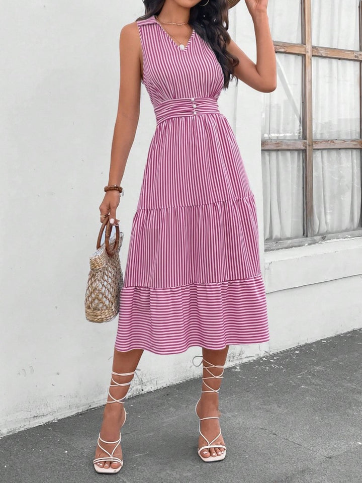 Fashion Sava | Sleeveless Midi Dress | Striped Johnny Collar Style - Yellow