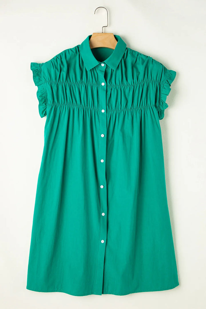 Fashion Sava | Flounce Sleeve Dress | Elegant Collared Design - Dark Green