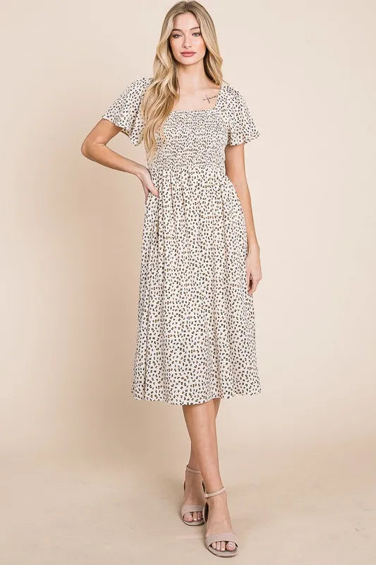 Fashion Sava | Ditsy Leopard Midi Dress | Smocked Square Neck