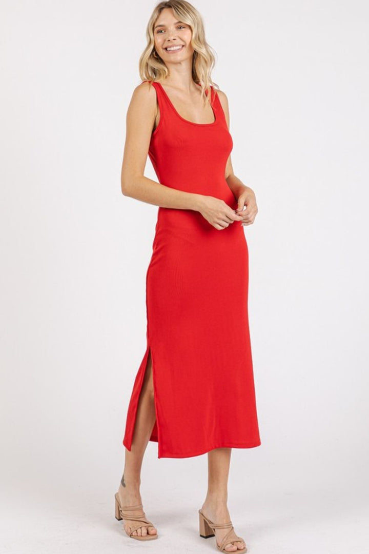 Fashion Sava | Midi Tank Dress | Side Slit Wide Strap Design - Red