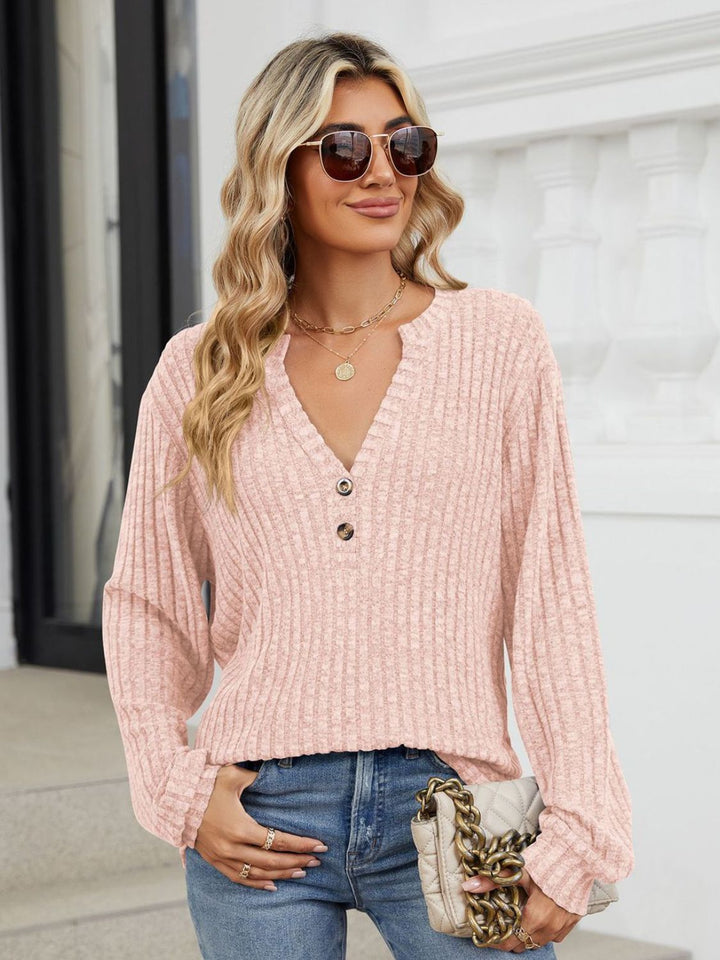 Fashion Sava | Ribbed Notched T-Shirt | Versatile Long Sleeve Top