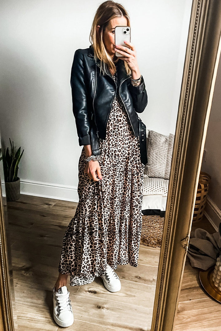 Fashion Sava | Notched Long Sleeve Maxi Dress | Trendy Leopard Print - Leopard