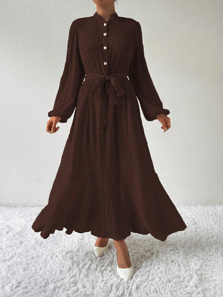 Fashion Sava | Button Tie Maxi Dress | Long Sleeve Elegance - Chocolate