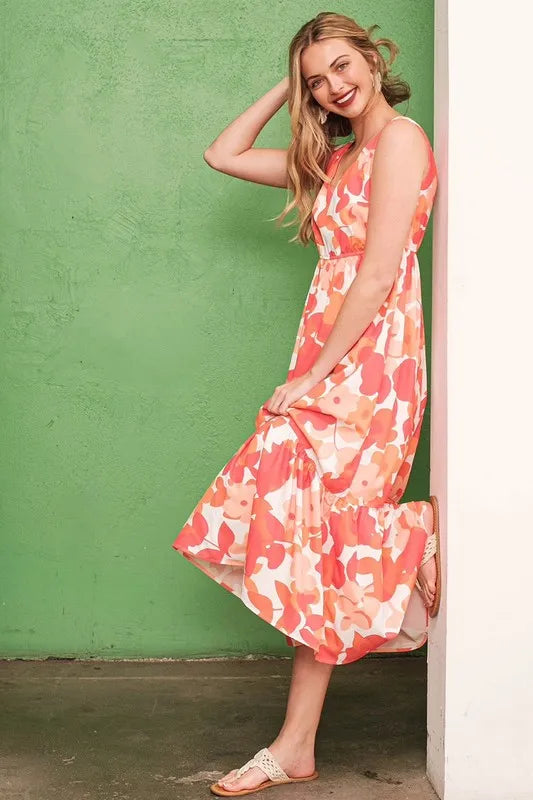 Fashion Sava | Sleeveless Floral Dress | V-Neck Midi Style