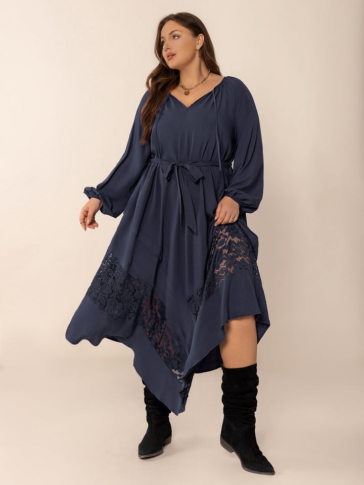Fashion Sava | Lace Tie Neck Midi Dress | Elegant Long Sleeve - Dark Navy