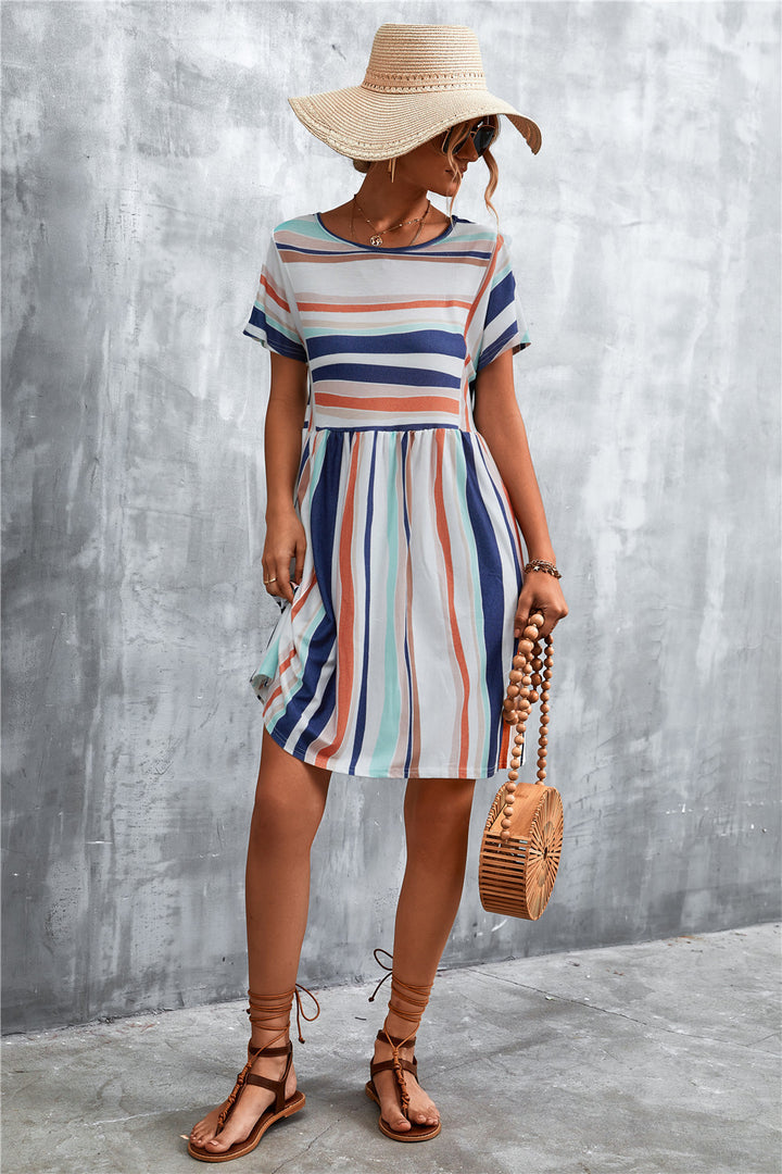 Fashion Sava | Striped Round Neck Dress | Casual Chic Wear - Coral