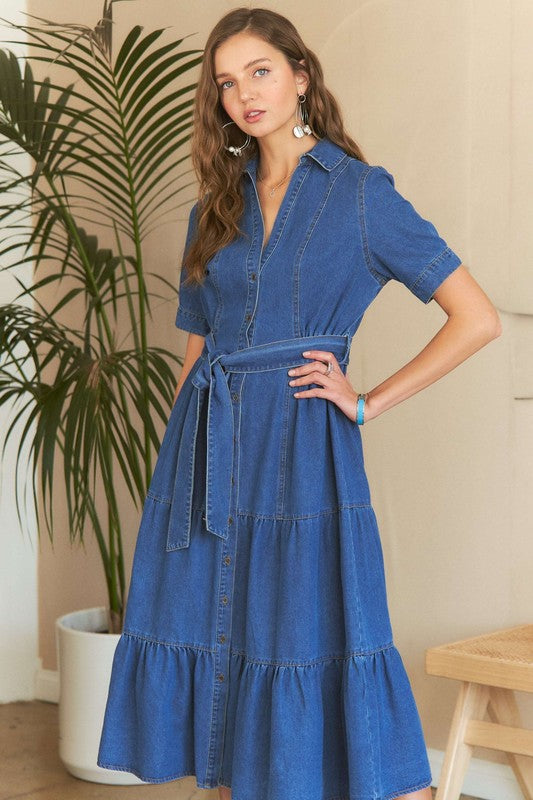 Fashion Sava | ADORA Denim Dress | Tiered Button Down Style - Dark