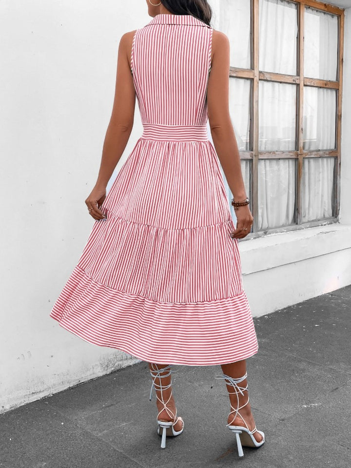 Fashion Sava | Sleeveless Midi Dress | Striped Johnny Collar Style - Light Blue