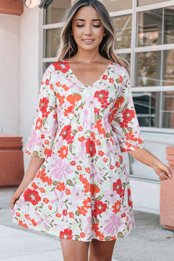 Fashion Sava | Floral V-Neck Mini Dress | Three-Quarter Sleeve - Red