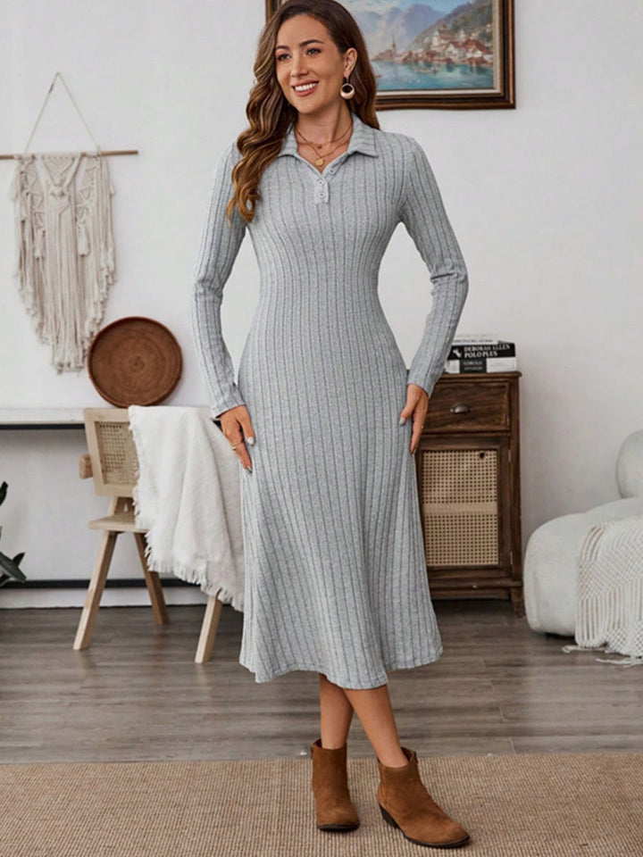 Fashion Sava | Long Sleeve Midi Dress | Collared Neck Fashion - Gray