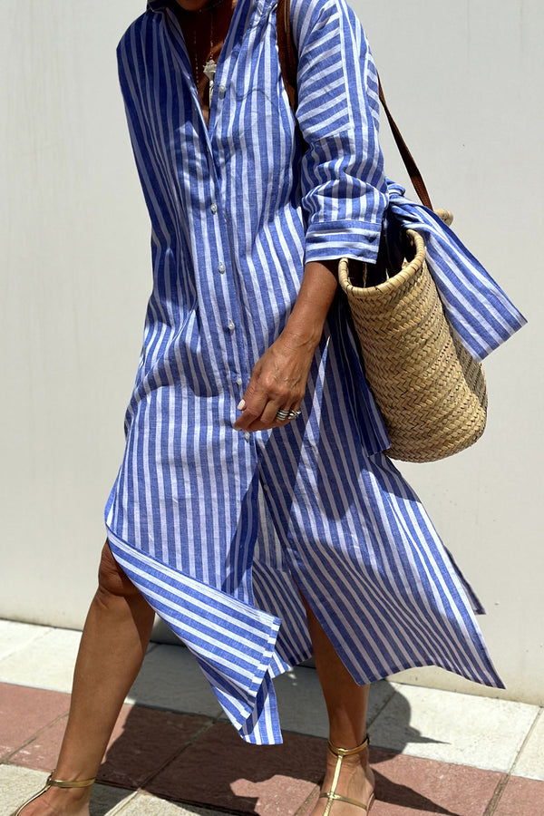 Fashion Sava | Tied Button-Up Dress | Three-Quarter Sleeve Style - Royal Blue
