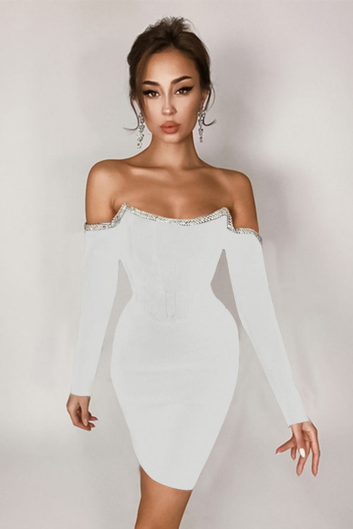 Fashion Sava | Off-Shoulder Bandage Dress | Rhinestone Trim - White