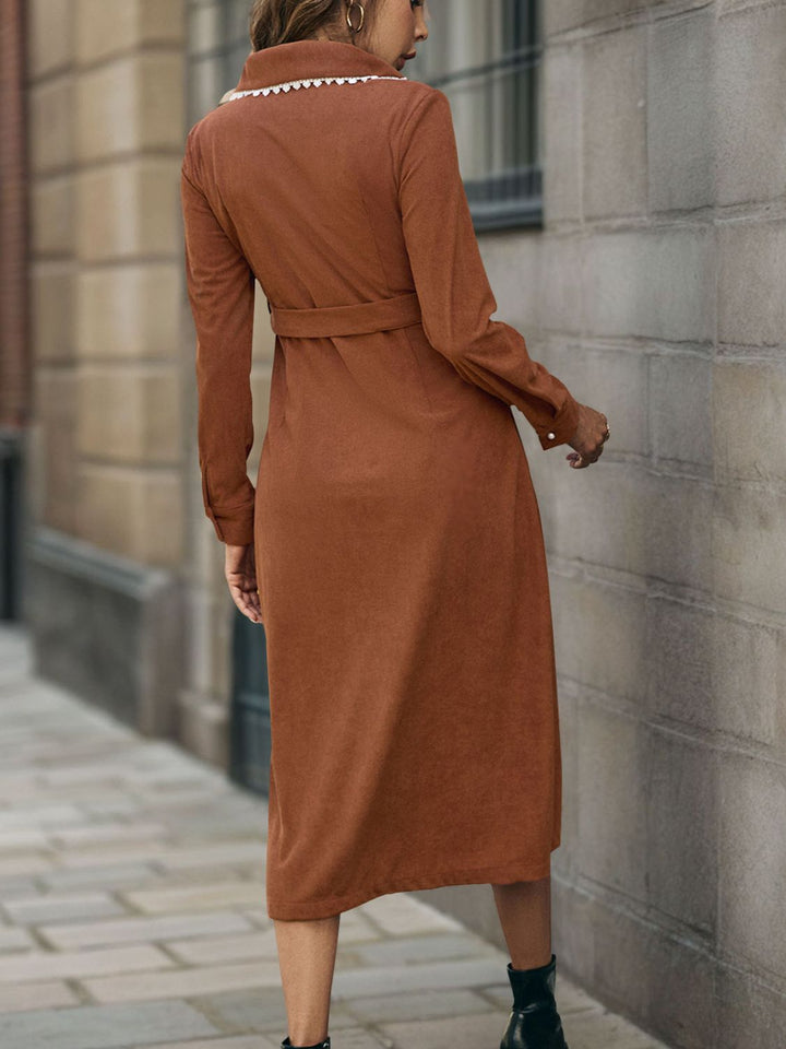 Fashion Sava | Perfee Lace Midi Dress | Elegant Collared Design - Caramel