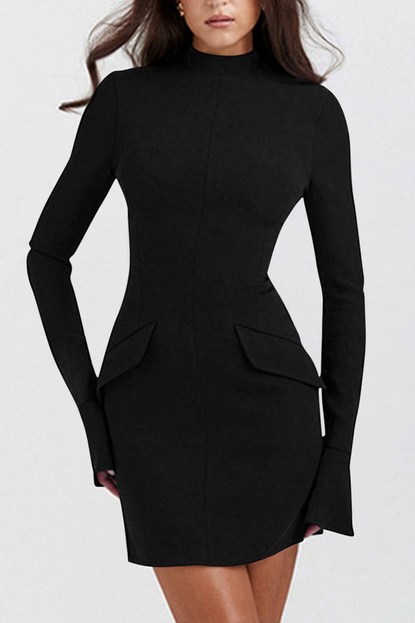 Fashion Sava | Mock Neck Mini Dress | Elegant Long Sleeve Design - Black