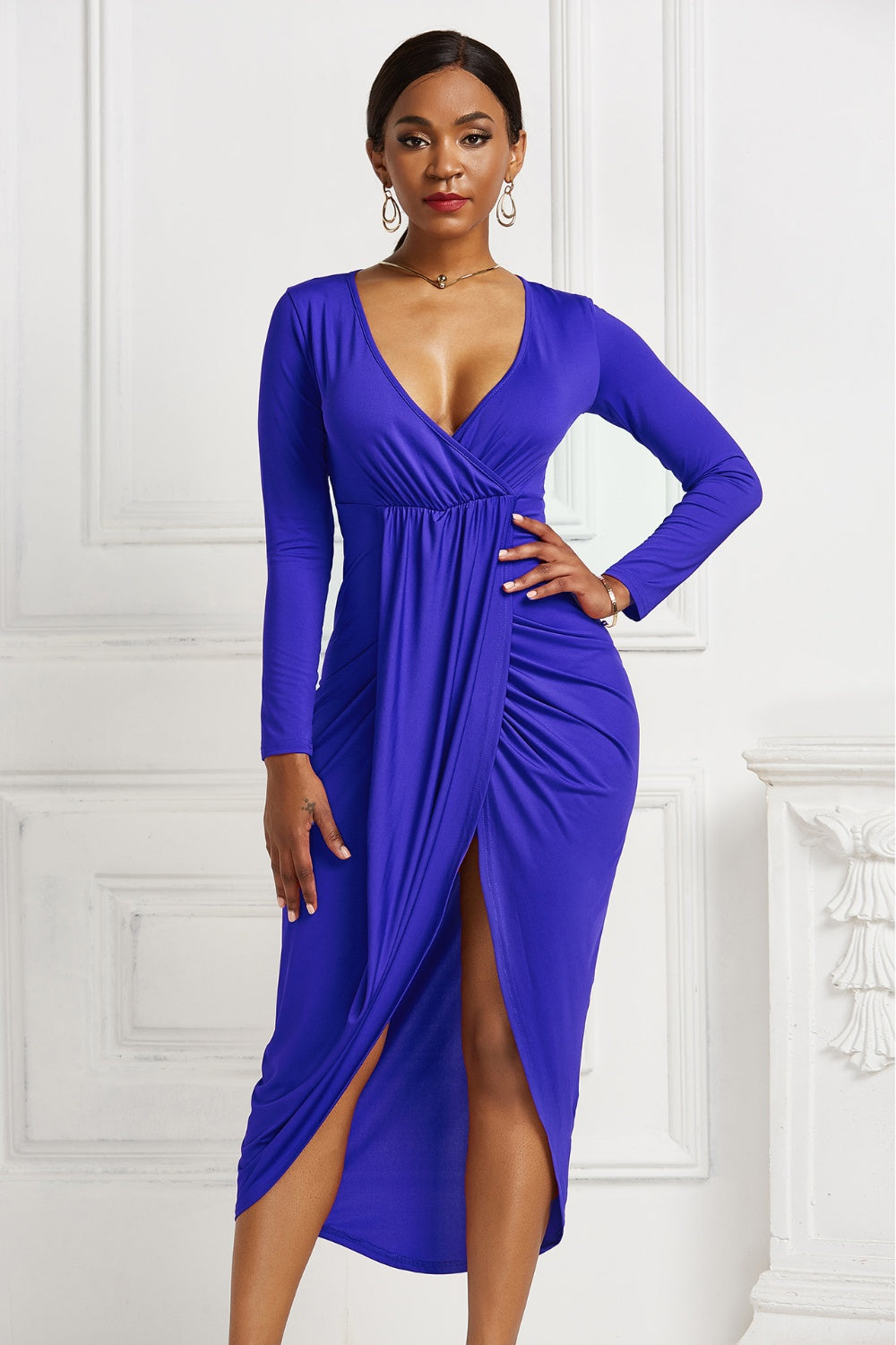Fashion Sava | Ruched Surplice Dress | High-Low Elegance - Black