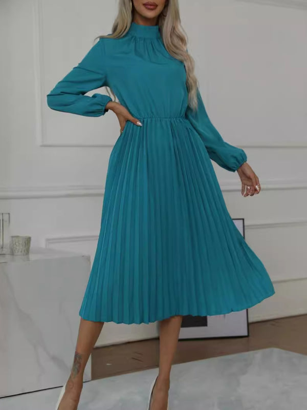 Fashion Sava | Pleated Mock Neck Dress | Long Sleeve Elegance - French Blue