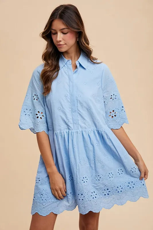 Fashion Sava | Mini Shirt Dress | Embroidered Scallop Edge
