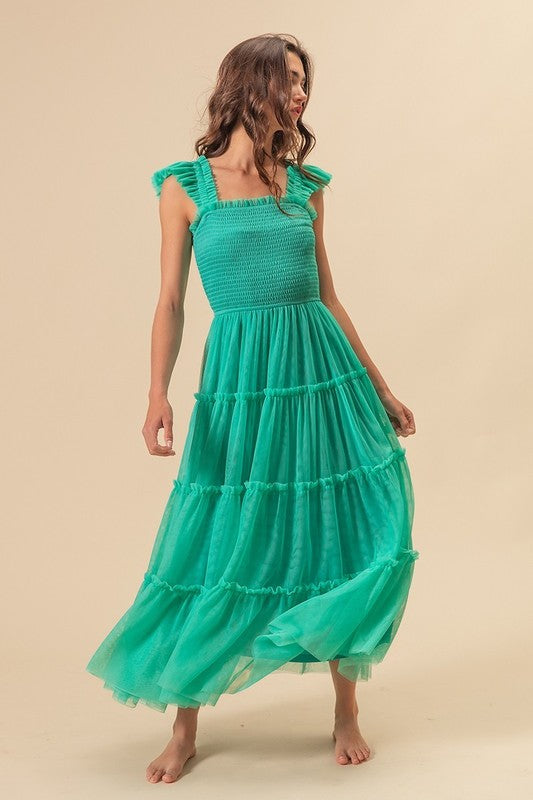 Fashion Sava | BiBi Frill Midi Dress | Elegant Tiered Design - Turquoise