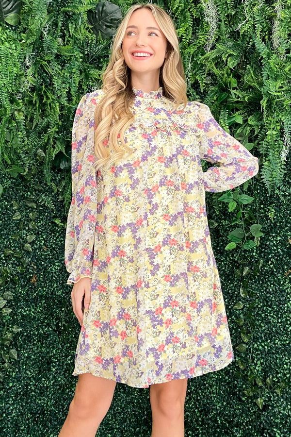 Fashion Sava | Floral Mock Neck Dress | Flounce Sleeve Chic - Lemon