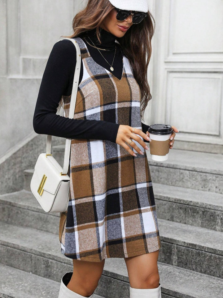Fashion Sava | Plaid V-Neck Tank Dress | Wide Strap Design - Black
