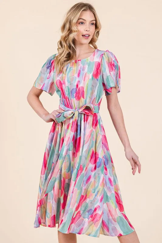 Fashion Sava | Watercolor Midi Dress | Tie Front Elegance