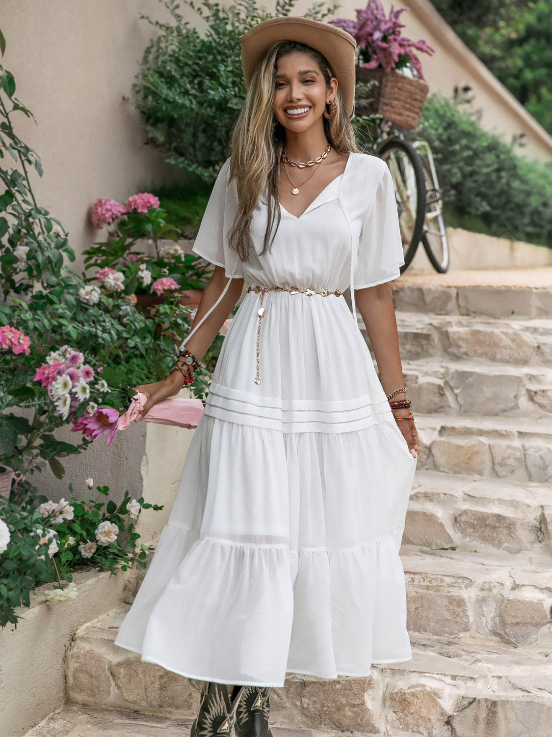 Fashion Sava | Tie Neck Ruffle Hem Dress | Elegant Short Sleeve Design - White