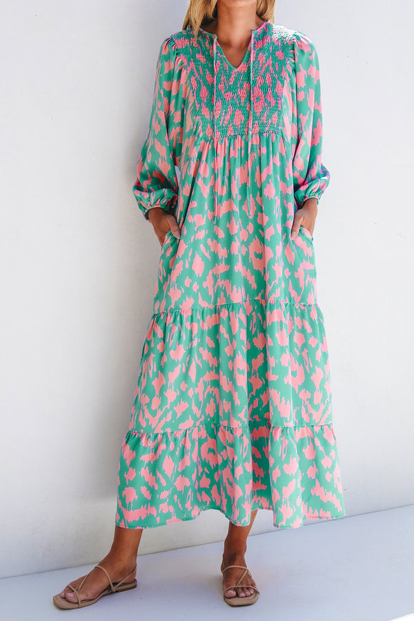 Fashion Sava | Smocked Tie Neck Dress | Elegant Long Sleeve Style - Turquoise