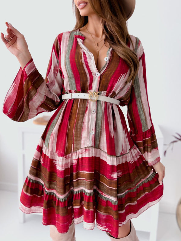 Fashion Sava | Buttoned Mini Dress | Striped Long Sleeve Style - Deep Rose
