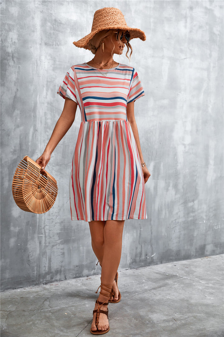 Fashion Sava | Striped Round Neck Dress | Casual Chic Wear - Caramel
