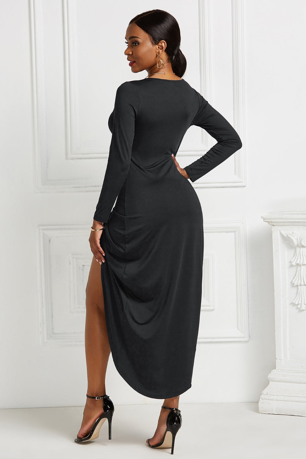 Fashion Sava | Ruched Surplice Dress | High-Low Elegance - Navy