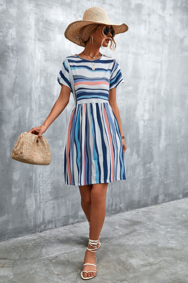Fashion Sava | Striped Round Neck Dress | Casual Chic Wear - Caramel