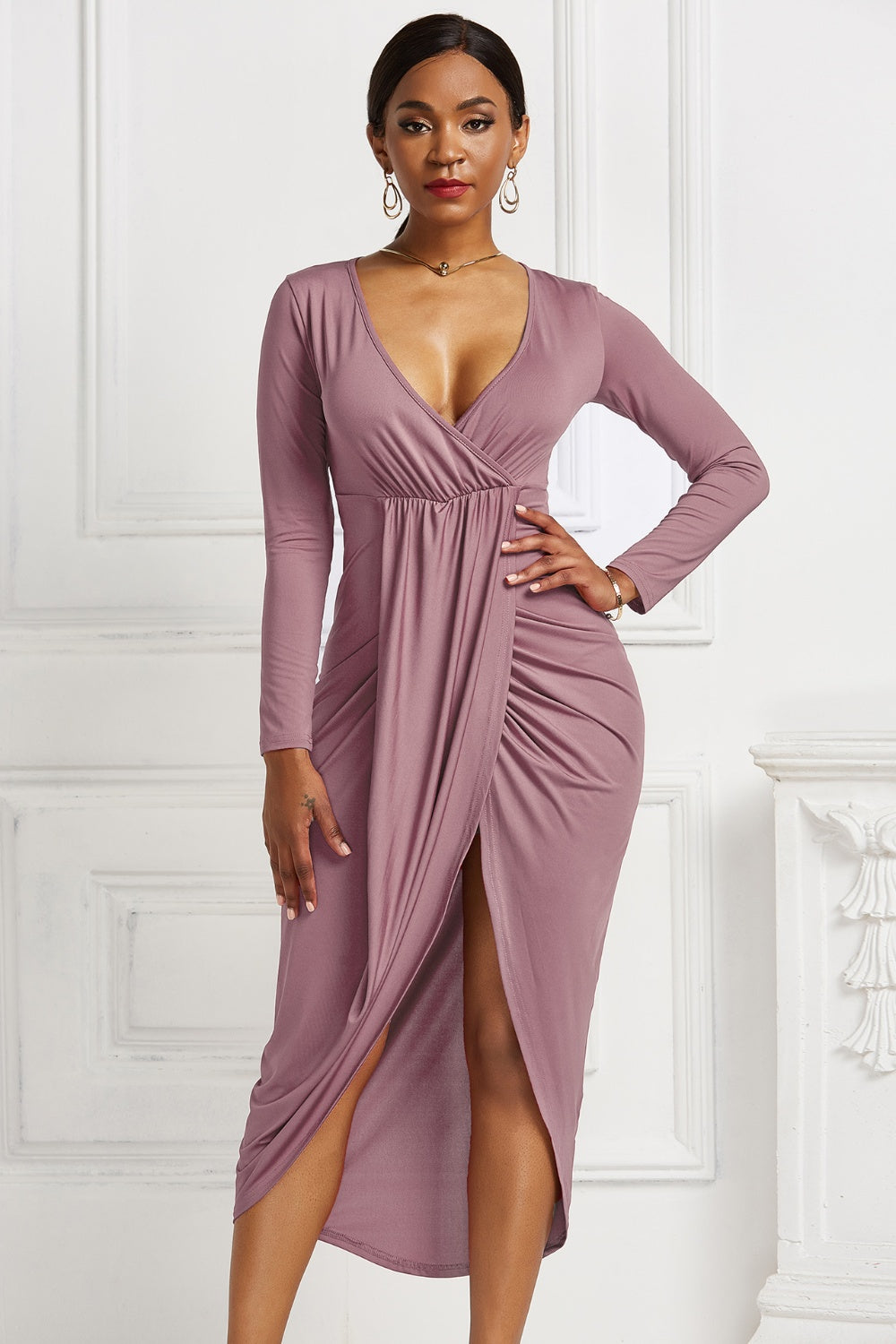 Maya Ruched Surplice Dress – MAY-A0816