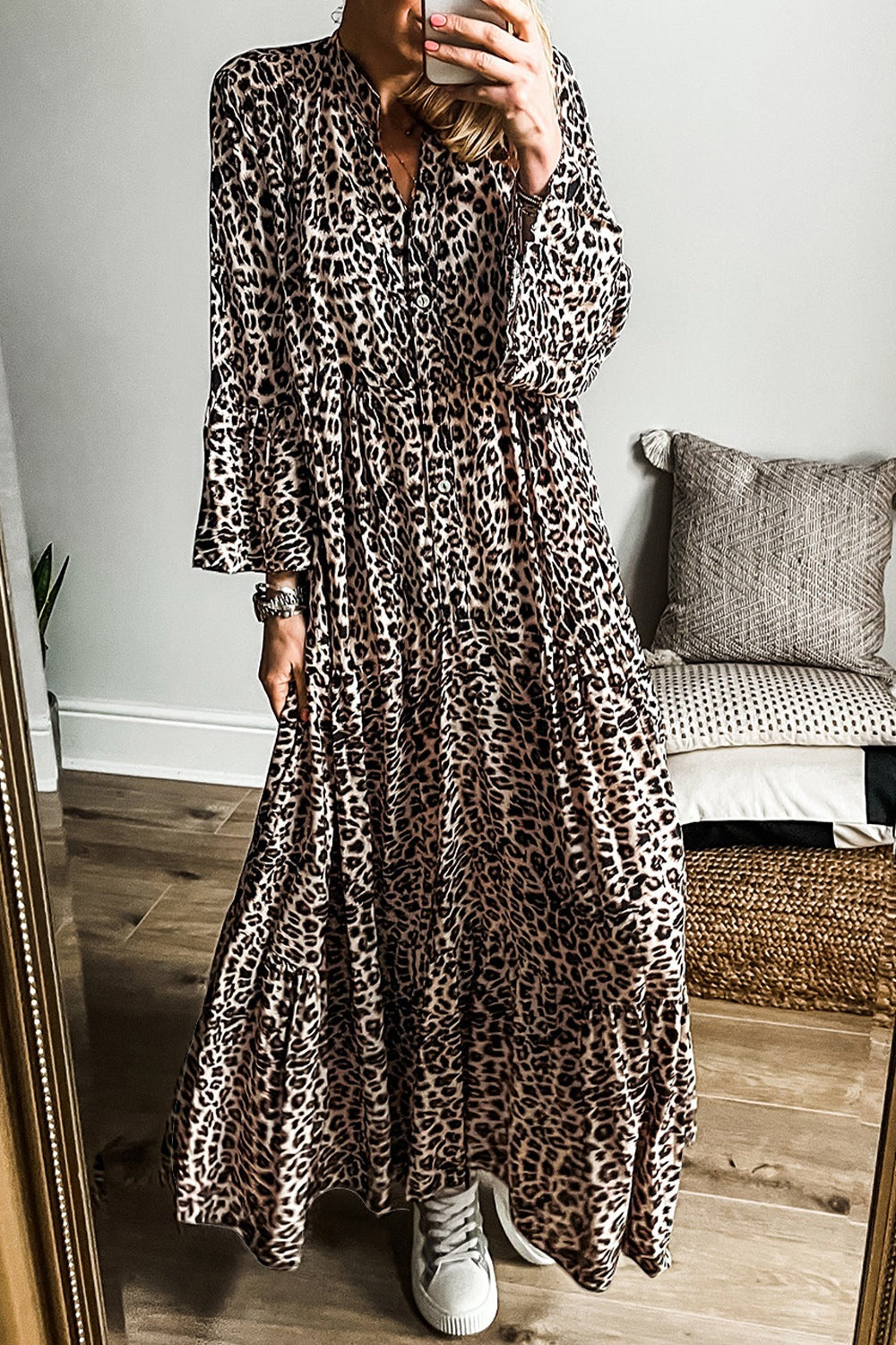 Fashion Sava | Notched Long Sleeve Maxi Dress | Trendy Leopard Print - Leopard