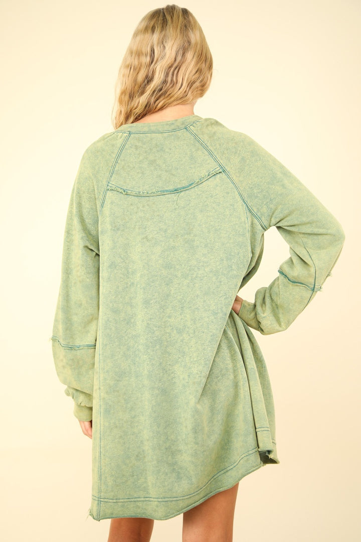 Fashion Sava | Oversized A-Line Mini Dress | Mineral Washed Casual Wear - Forest