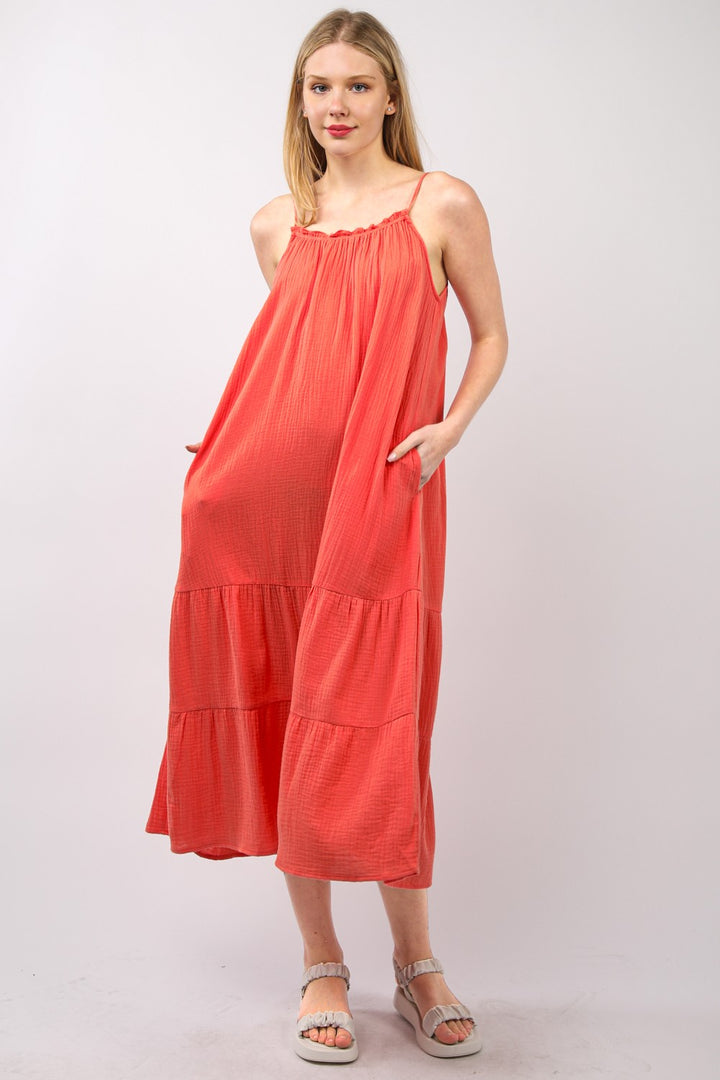 Fashion Sava | Ruffled A-Line Midi Dress | Effortless Elegance - Coral