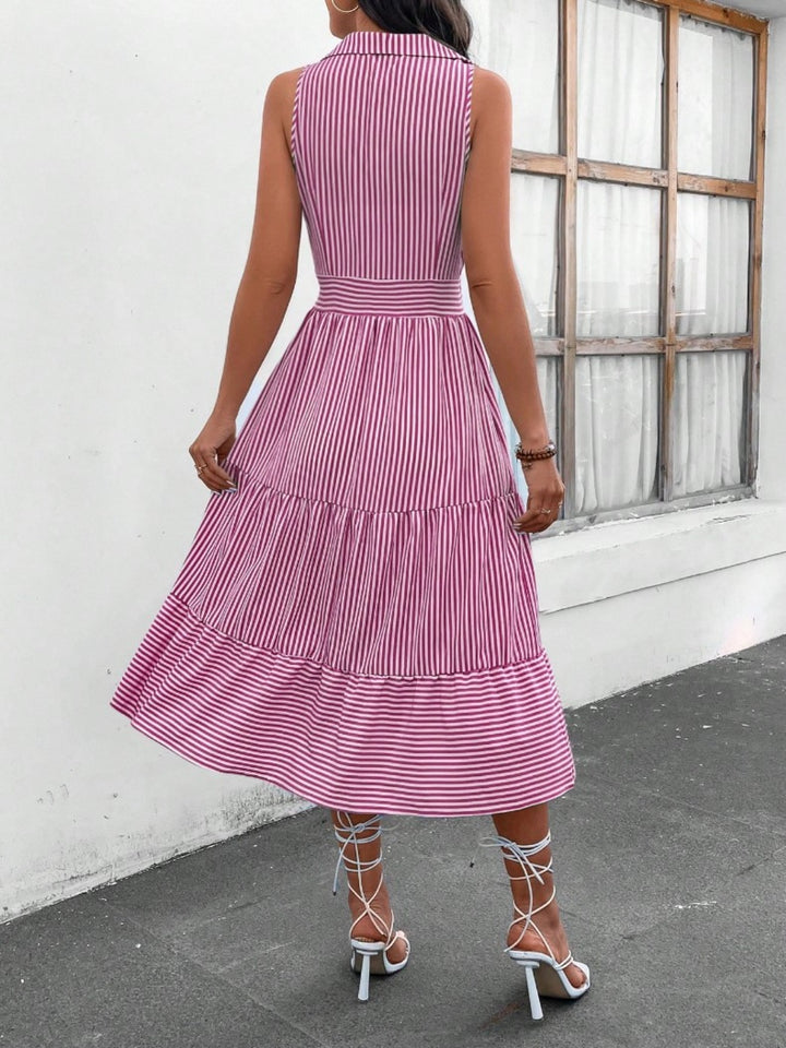 Fashion Sava | Sleeveless Midi Dress | Striped Johnny Collar Style - Yellow