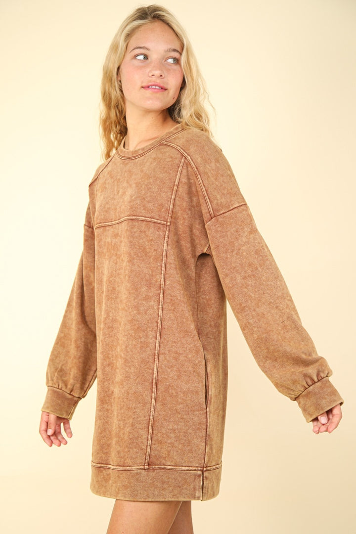 Fashion Sava | Mineral Washed Sweatshirt Dress | Oversized Mini Dress - Camel