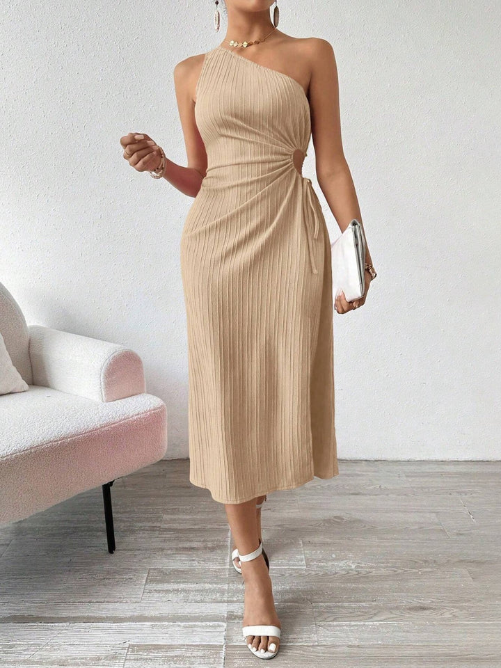 Fashion Sava | Cutout Shoulder Dress | Elegant Side Slit - Tan