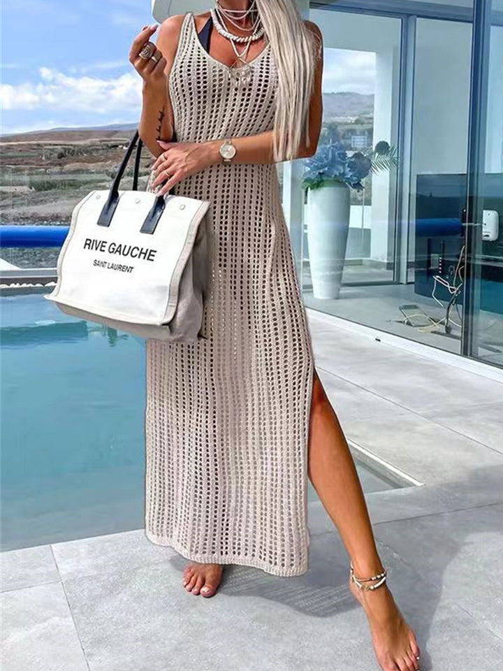 Fashion Sava | Openwork Slit Dress | Wide Strap Elegance - Light Blue