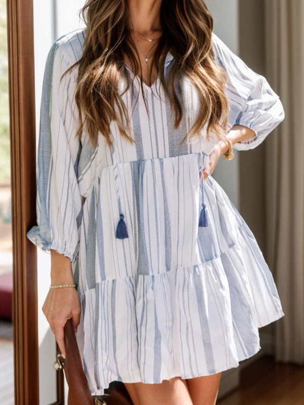Fashion Sava | Tassel Tie Neck Dress | Batwing Sleeve Striped Style - Light Blue
