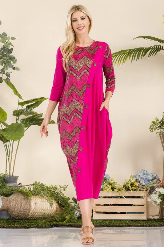 Fashion Sava | Geo Print Dress | Plus Size with Button Details