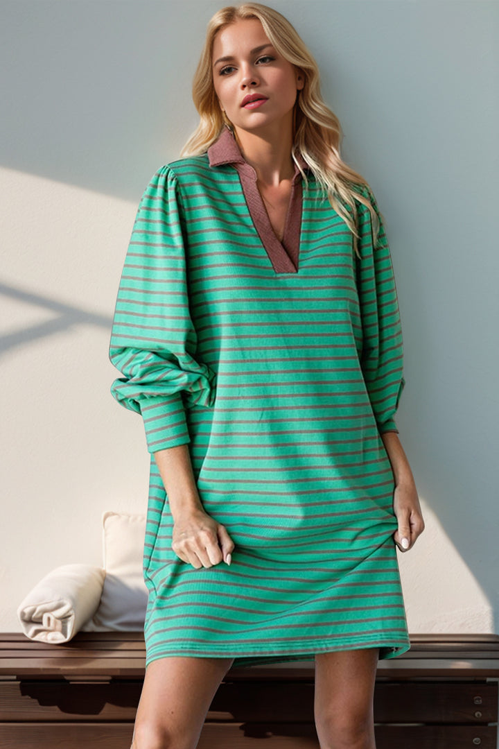 Fashion Sava | Striped Mini Dress | Long Sleeve Style - Turquoise
