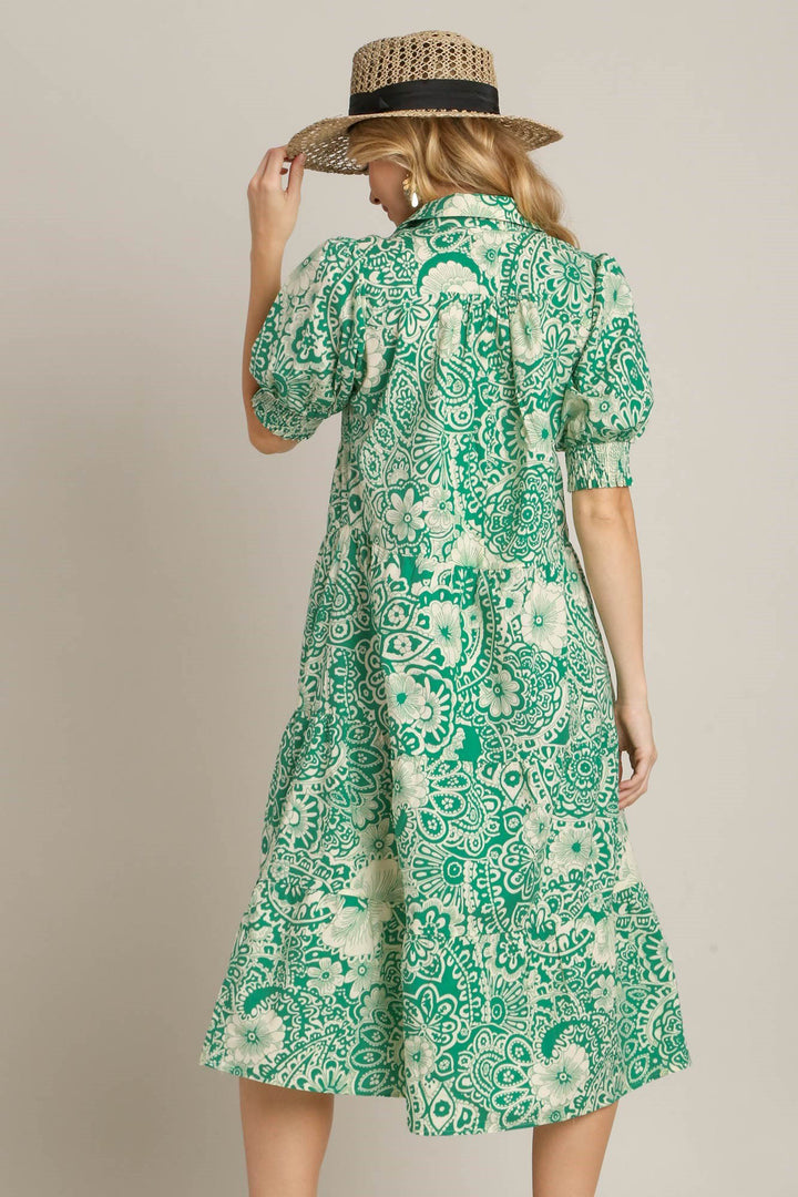 Fashion Sava | Umgee Puff Sleeve Midi Dress | Smocked Cuff Style - Green